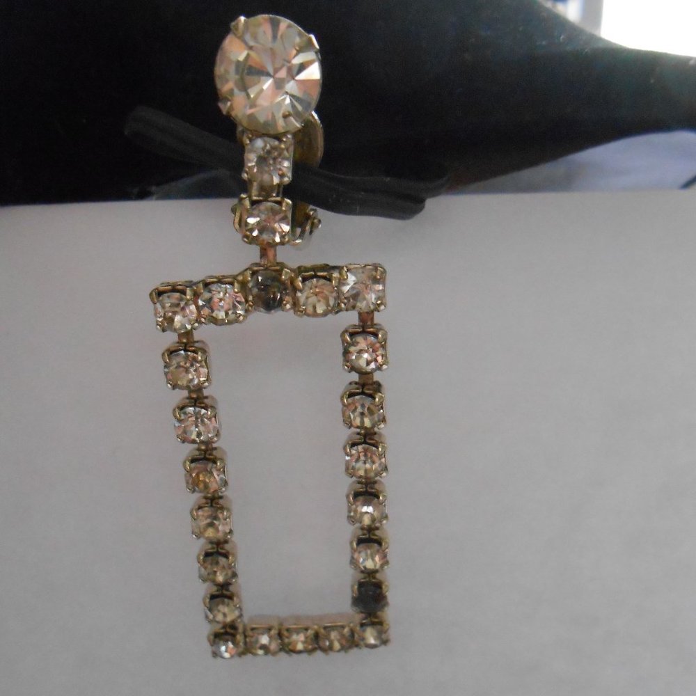 Rectangular Clear Rhinestone Clip On Earrings. Vi… - image 3